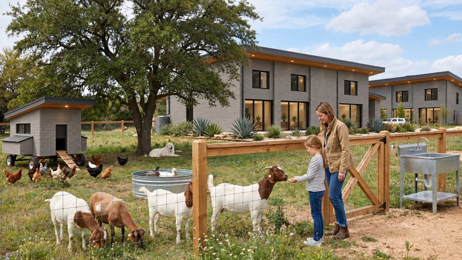 Adults and a child tending goats and hens in a fenced garden pasture
