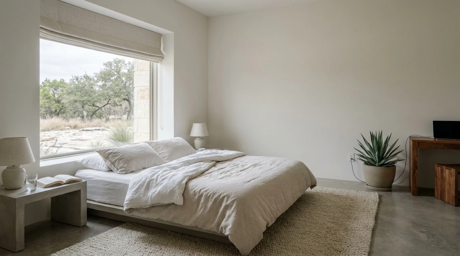 A calm bedroom with white bedding, a large window and a concrete floor