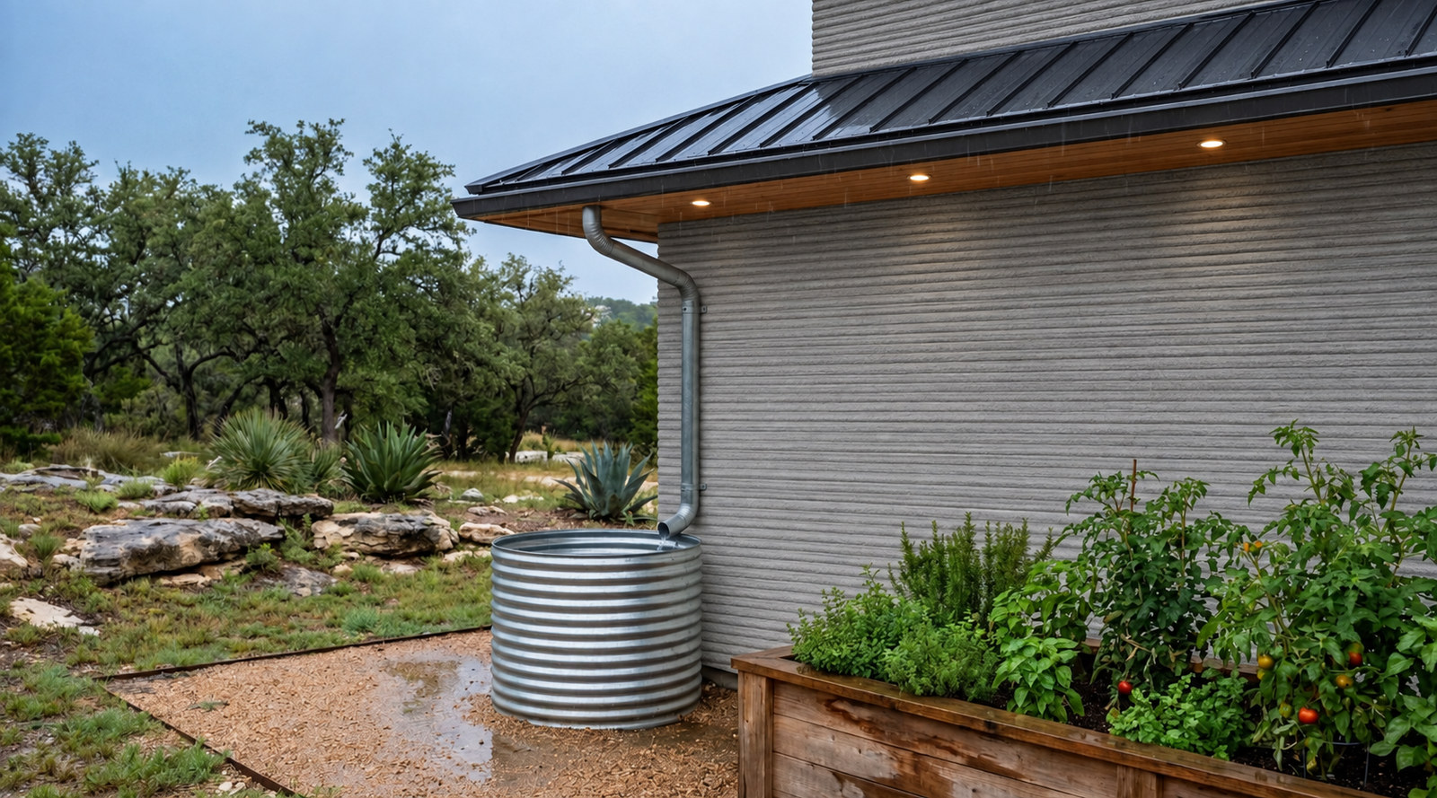 A downspout feeding a corrugated rainwater tank beside a raised planter