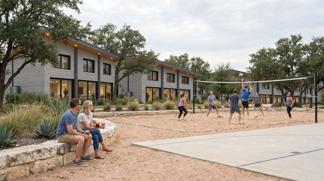 Residents playing sand volleyball while others watch from a stone wall