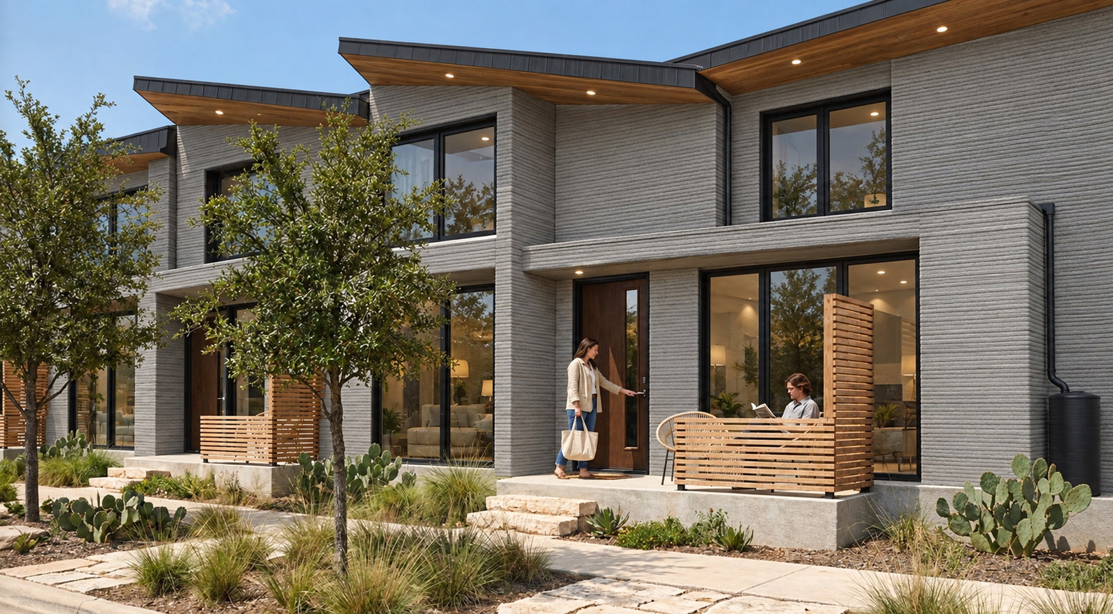 Two-story townhomes with low single-slope roofs, cedar soffits and glass front doors