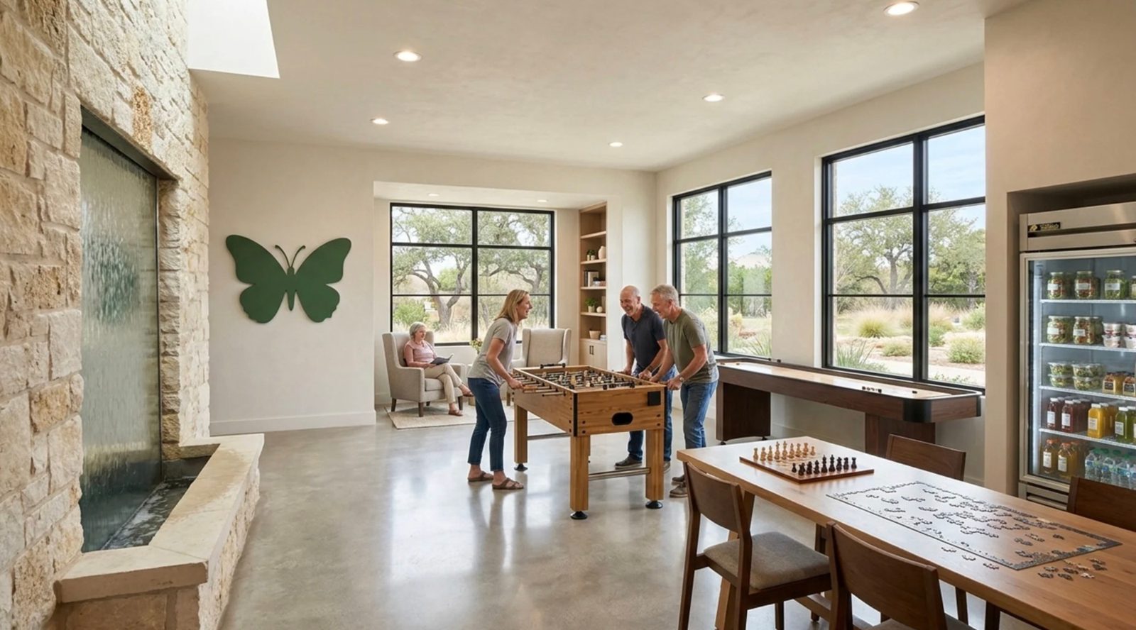A bright game room with foosball, a chess table and a drinks cooler