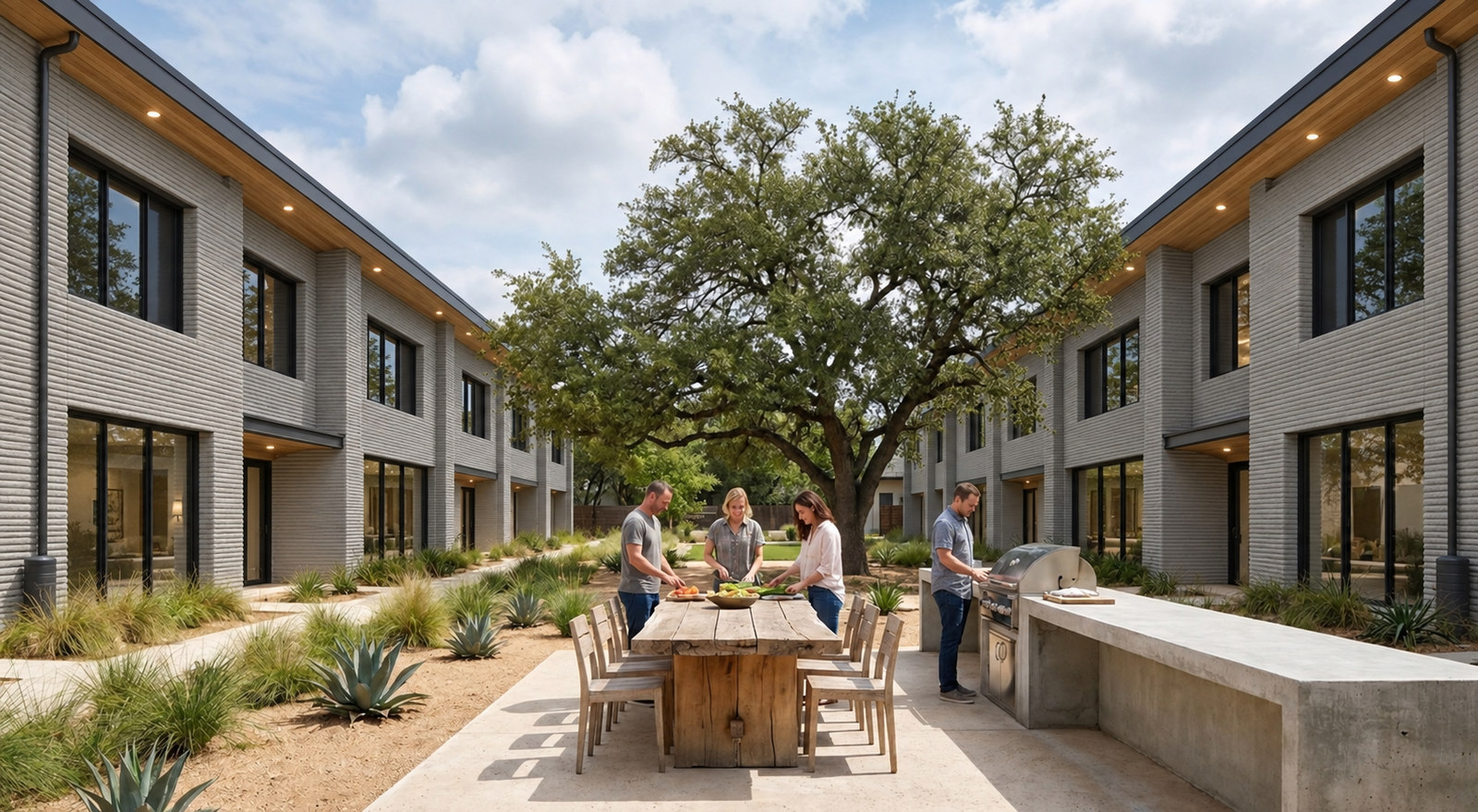 A shared garden court with a long table and an outdoor kitchen