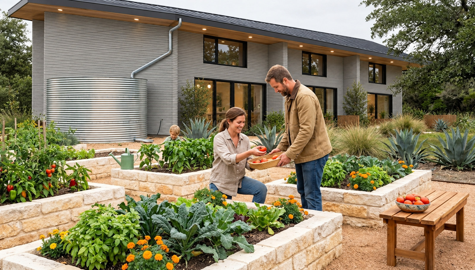 Residents picking vegetables from stone raised beds beside a rainwater tank