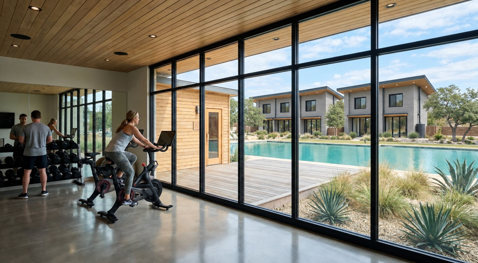 A glass-walled gym with weights and a timber ceiling looking out over the water