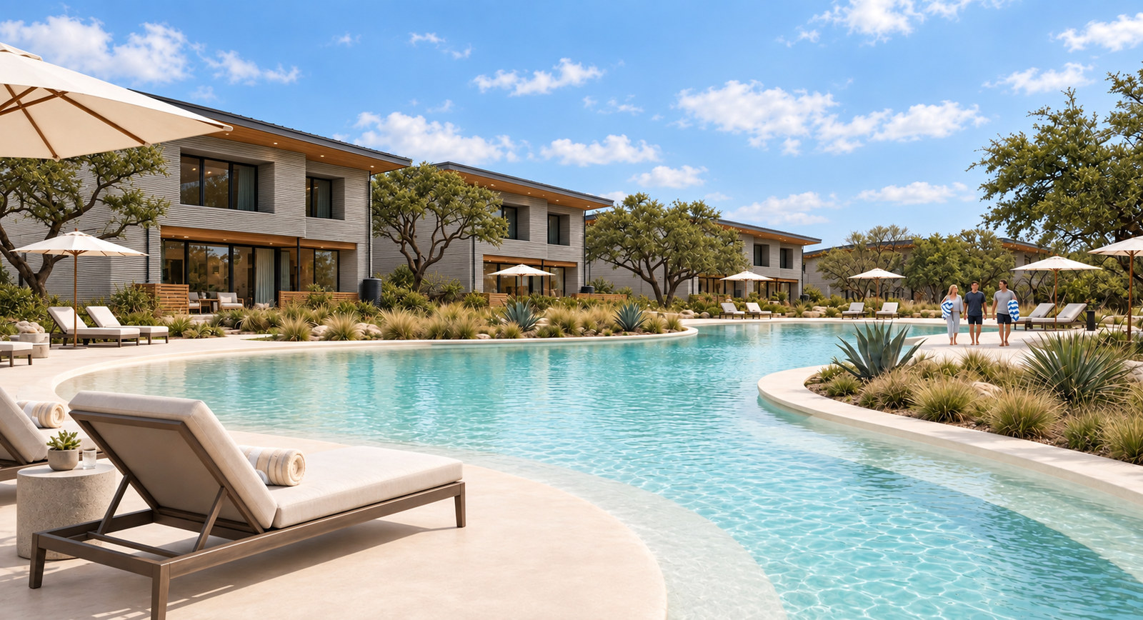 A swimming lagoon with loungers and umbrellas in front of two-story homes with low single-slope roofs