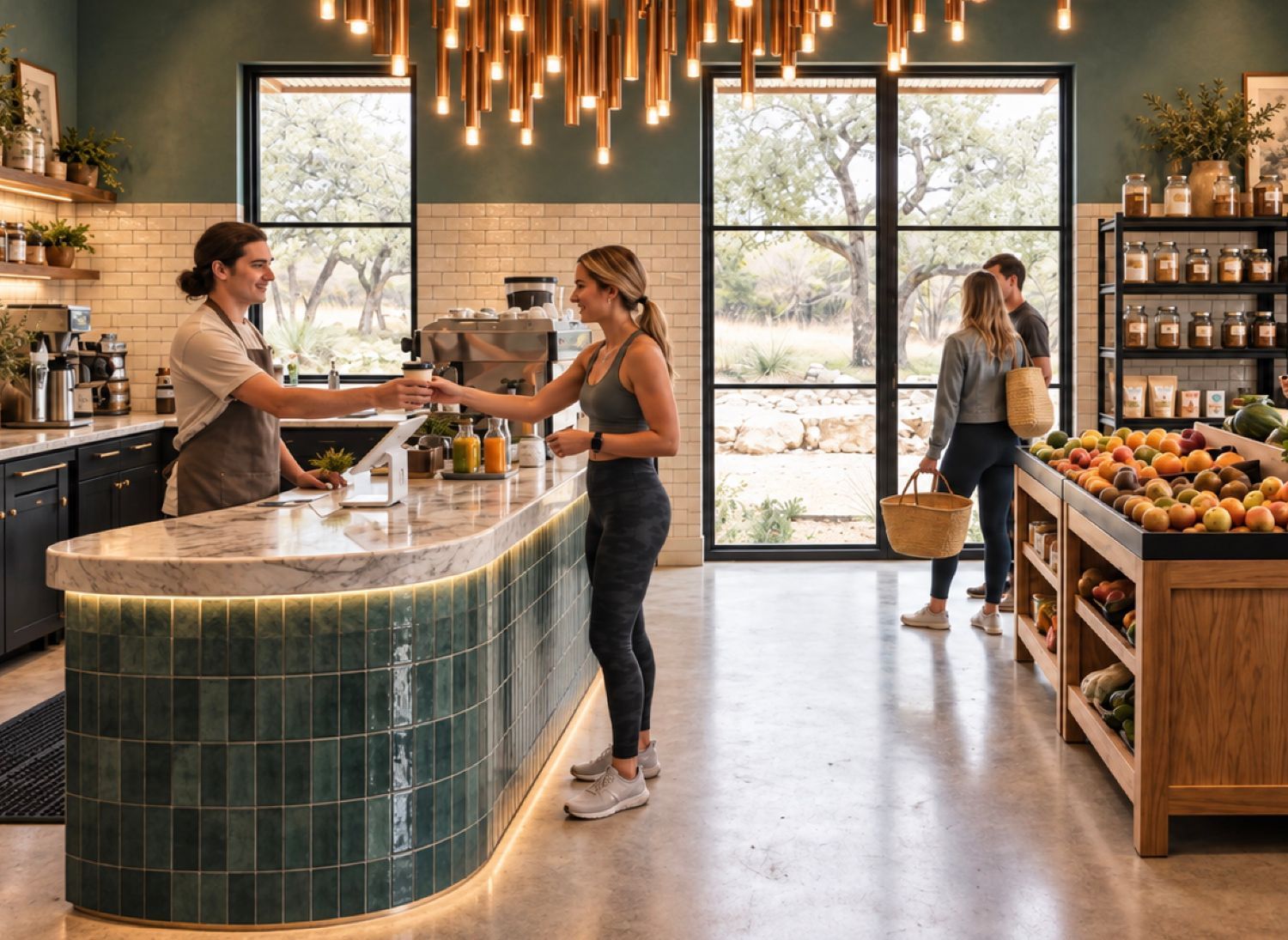A small grocery market with a tiled counter, produce and shoppers