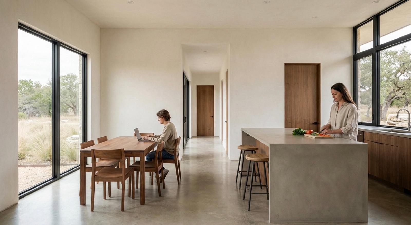 An open kitchen and dining room with a timber island and big windows