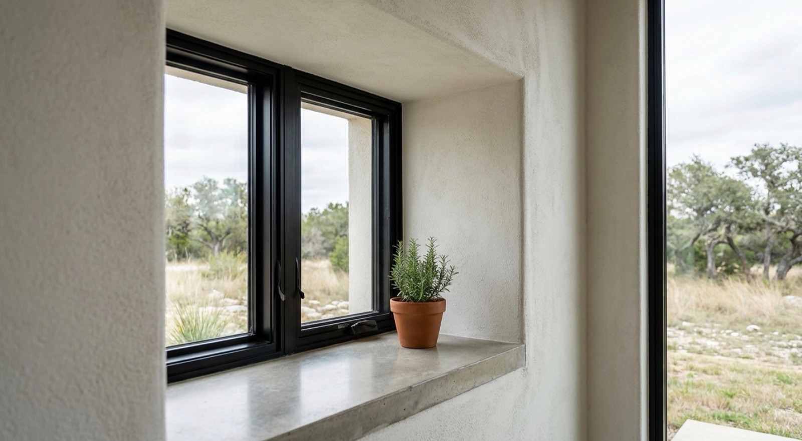 A deep plastered window reveal with a black-framed window and a small potted plant