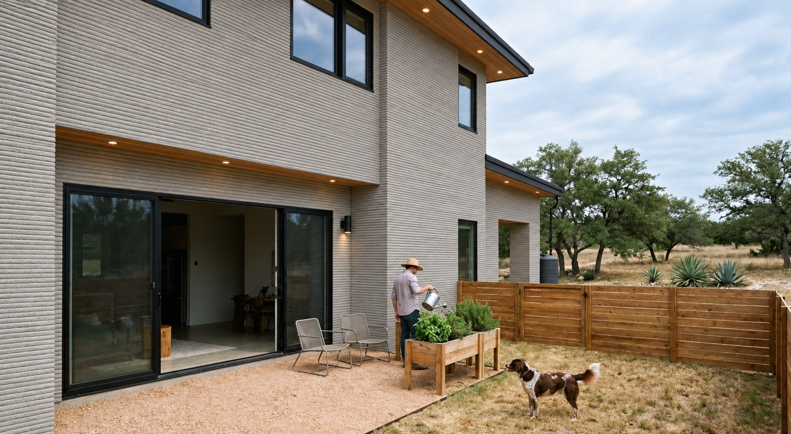 A private fenced yard with sliding doors, patio chairs, a planter and a dog